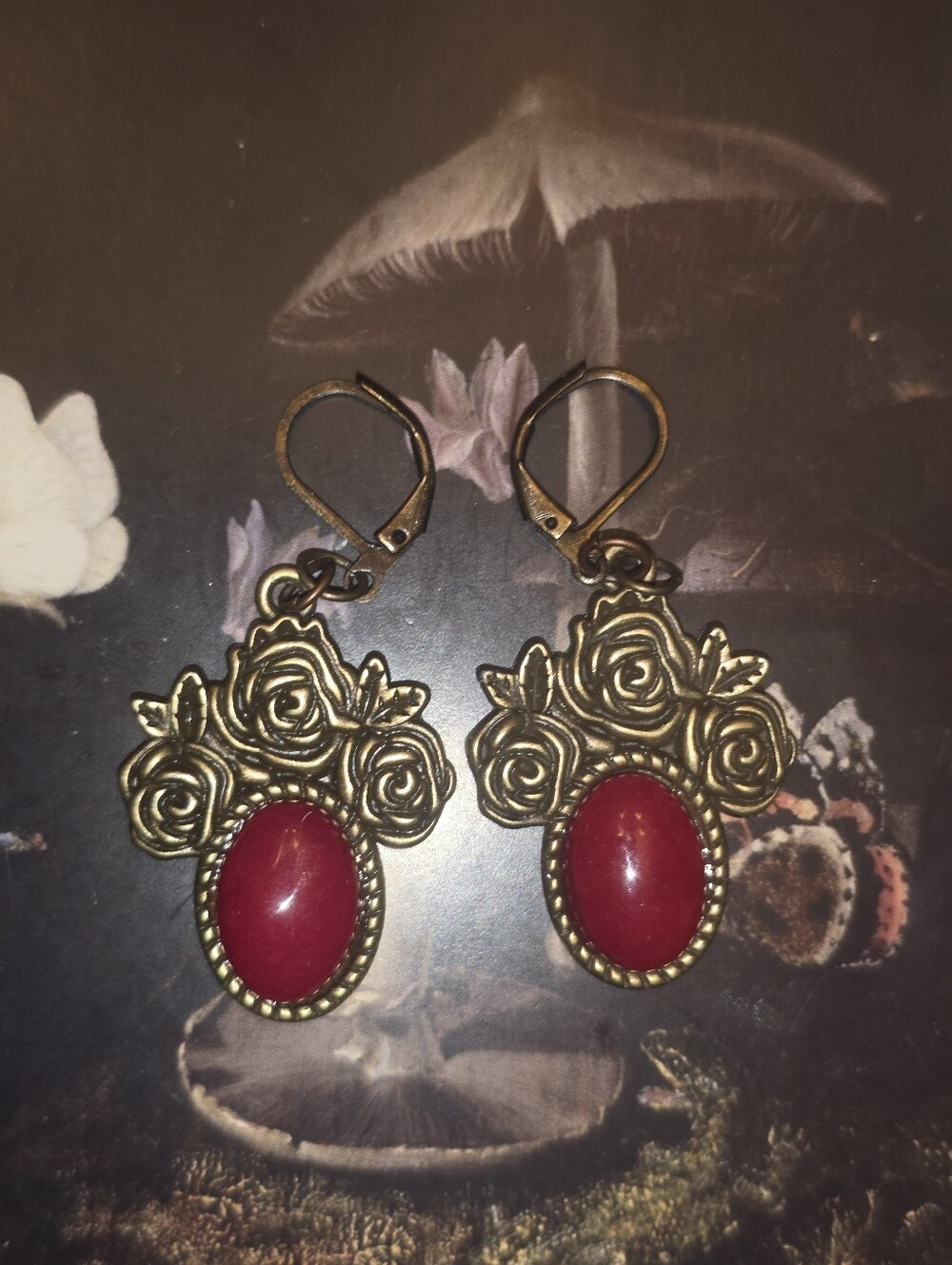Red Gemstone In Floral Roses Decorative Frame Earrings